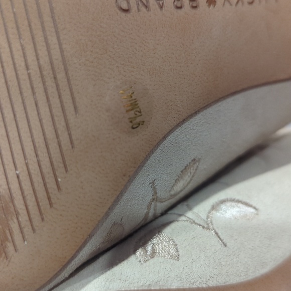 Lucky Brand Emree Suede Open Peep Toe Cone Heel Mule sandshell EEuc - Picture 8 of 8